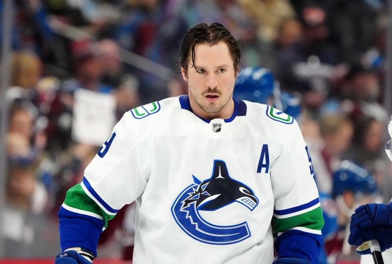 Feb 20, 2024; Denver, Colorado, USA; Vancouver Canucks center J.T. Miller (9) before the game against the Colorado Avalanche at Ball Arena. Mandatory Credit: Ron Chenoy-USA TODAY Sports