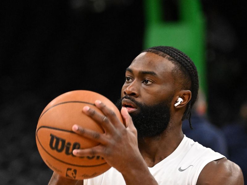 BOSTON, MASSACHUSETTS - JANUARY 30: Jaylen Brown #7 of the Boston Celtics warms up before a game against the Indiana Pacers at the TD Garden on January 30, 2024 in Boston, Massachusetts. NOTE TO USER: User expressly acknowledges and agrees that, by downloading and or using this photograph, User is consenting to the terms and conditions of the Getty Images License Agreement. (Photo by Brian Fluharty/Getty Images)