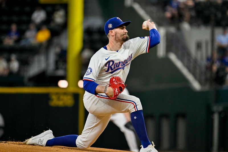 Jun 8, 2024; Arlington, Texas, USA; Texas Rangers starting pitcher Andrew Heaney (44) pitches against the San Francisco Giants during the first inning at Globe Life Field. Mandatory Credit: Jerome Miron-USA TODAY Sports