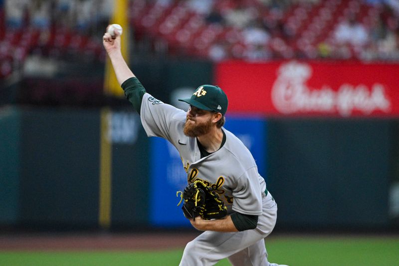 Aug 16, 2023; St. Louis, Missouri, USA;  Oakland Athletics starting pitcher Paul Blackburn (58) pitches against the St. Louis Cardinals during the sixth inning at Busch Stadium. Mandatory Credit: Jeff Curry-USA TODAY Sports