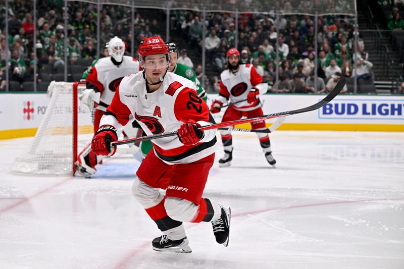 Oct 25, 2025; Dallas, Texas, USA; Carolina Hurricanes center Sebastian Aho (20) skates against the Dallas Stars during the second period at the American Airlines Center. Mandatory Credit: Jerome Miron-Imagn Images