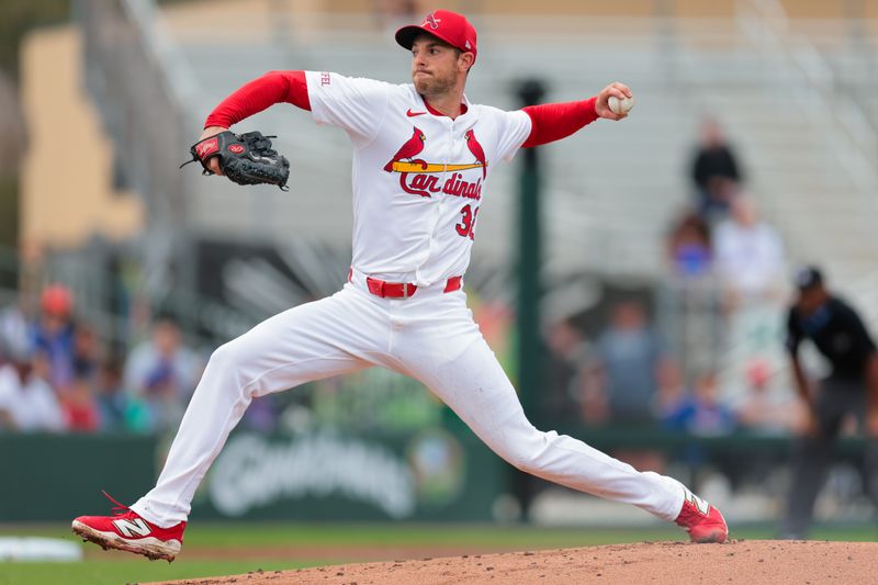 Feb 24, 2025; Jupiter, Florida, USA; St. Louis Cardinals starting pitcher Steven Matz (32) delivers a pitch against the New York Mets during the second inning at Roger Dean Chevrolet Stadium. Mandatory Credit: Sam Navarro-Imagn Images