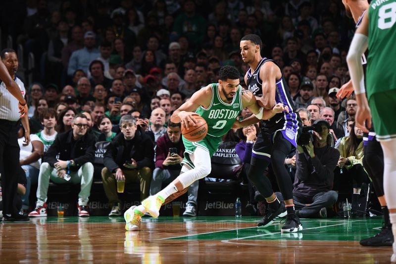 BOSTON, MA - APRIL 5:  Jayson Tatum #0 of the Boston Celtics dribbles the ball during the game against the Sacramento Kings on April 5, 2024 at the TD Garden in Boston, Massachusetts. NOTE TO USER: User expressly acknowledges and agrees that, by downloading and or using this photograph, User is consenting to the terms and conditions of the Getty Images License Agreement. Mandatory Copyright Notice: Copyright 2024 NBAE  (Photo by Brian Babineau/NBAE via Getty Images)