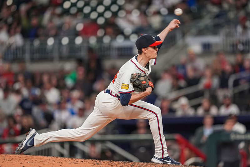 Apr 23, 2024; Cumberland, Georgia, USA; Atlanta Braves pitcher Max Fried (54) pitches against the Miami Marlins during the ninth inning at Truist Park. Mandatory Credit: Dale Zanine-USA TODAY Sports