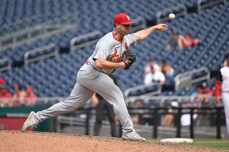 Jul 7, 2024; Washington, District of Columbia, USA; St. Louis Cardinals relief pitcher John King (47) throws a pitch against the Washington Nationals during the seventh inning at Nationals Park. Mandatory Credit: Rafael Suanes-USA TODAY Sports