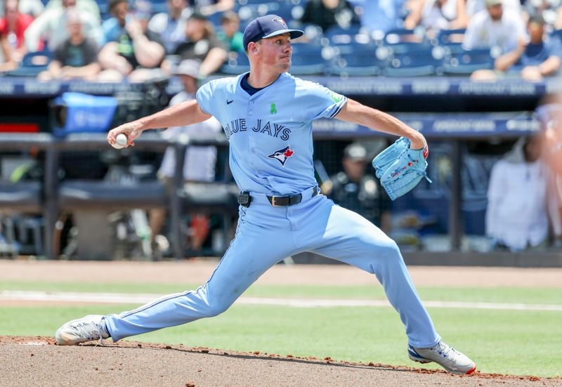 May 25, 2025; St. Petersburg, Florida, USA;  Toronto Blue Jays starting pitcher Chris Bassitt (40) throws a pitch against the Tampa Bay Rays during the first inning at George M. Steinbrenner Field. Mandatory Credit: Kim Klement Neitzel-Imagn Images