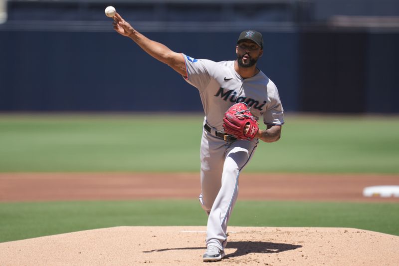 Aug 23, 2023; San Diego, California, USA;  Miami Marlins starting pitcher Sandy Alcantara (22) throws a pitch against to the San Diego Padres during the first inning at Petco Park. Mandatory Credit: Ray Acevedo-USA TODAY Sports