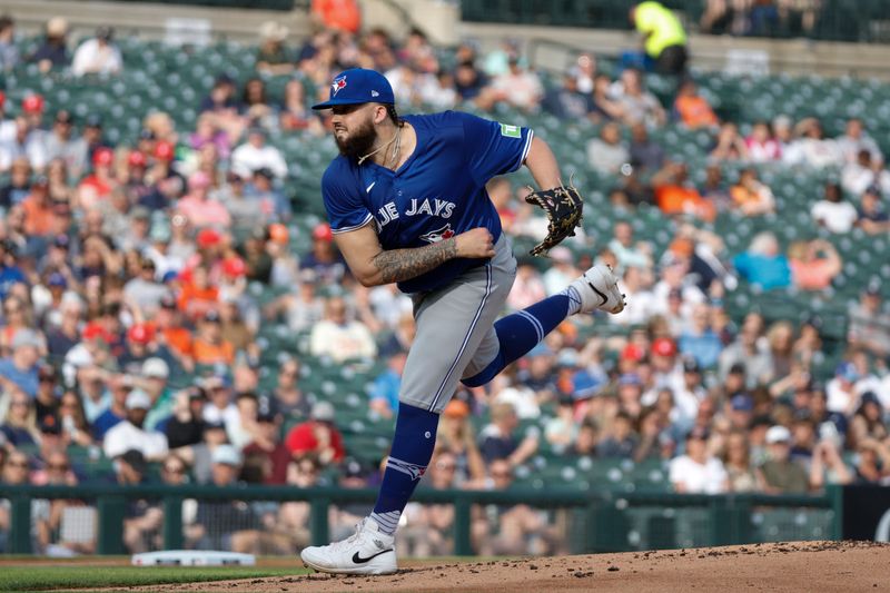 May 24, 2024; Detroit, Michigan, USA; Toronto Blue Jays pitcher Alek Manoah (6) pitches during the first inning of the game against the Detroit Tigers at Comerica Park. Mandatory Credit: Brian Bradshaw Sevald-USA TODAY Sports