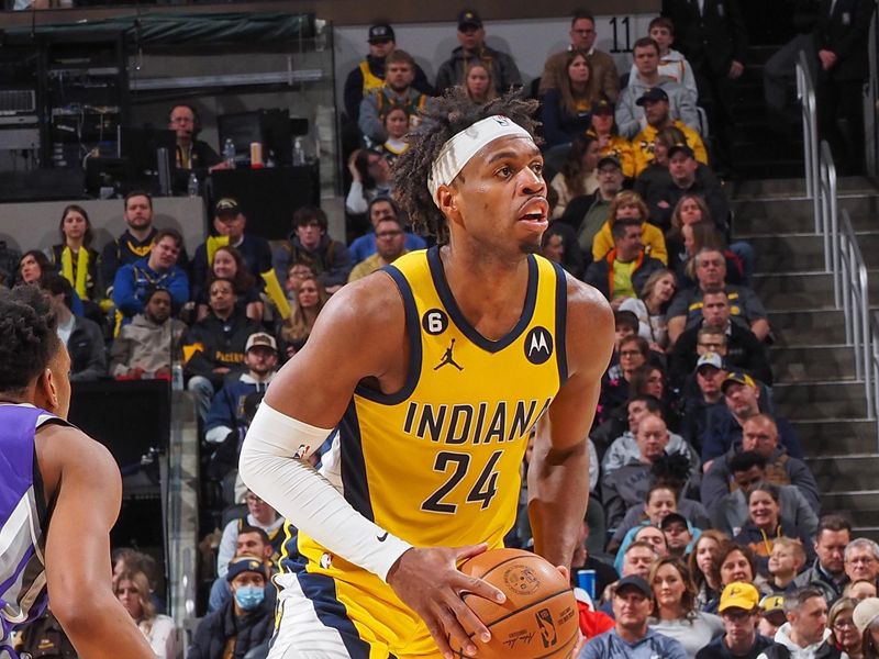 INDIANAPOLIS, IN - FEBUARY 3:  Buddy Hield #24 of the Indiana Pacers drives to the basket during the game on Febuary 3, 2023 at Gainbridge Fieldhouse in Indianapolis, Indiana. NOTE TO USER: User expressly acknowledges and agrees that, by downloading and or using this Photograph, user is consenting to the terms and conditions of the Getty Images License Agreement. Mandatory Copyright Notice: Copyright 2023 NBAE (Photo by Ron Hoskins/NBAE via Getty Images)