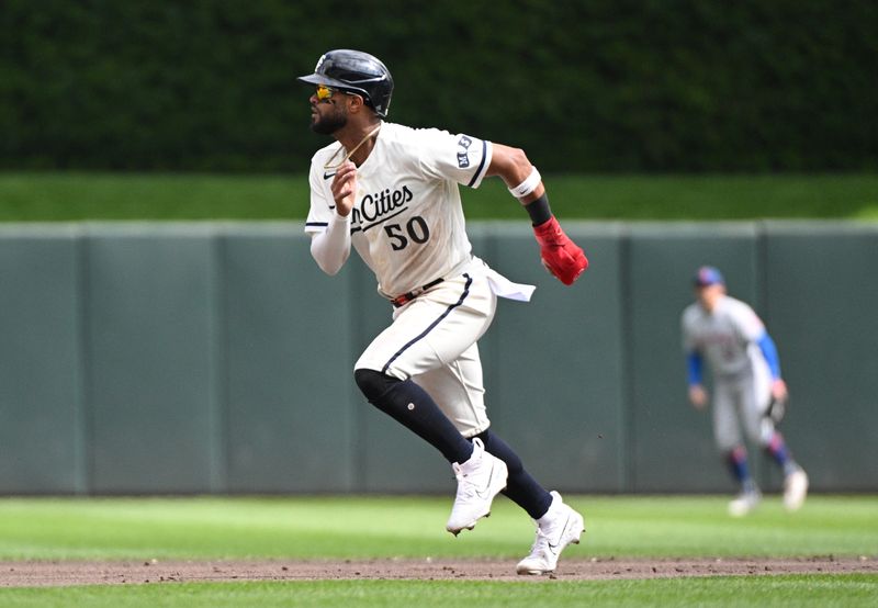 Sep 10, 2023; Minneapolis, Minnesota, USA; Minnesota Twins left fielder Willi Castro (50) runs to third base safely against the New York Mets in the fourth inning at Target Field. Mandatory Credit: Michael McLoone-USA TODAY Sports