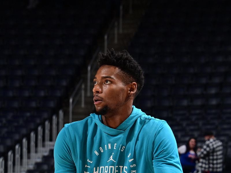 DETROIT, MI - JANUARY 3: Brandon Miller #24 of the Charlotte Hornets warms up before the game against the Detroit Pistons on January 3, 2025 at Little Caesars Arena in Detroit, Michigan. NOTE TO USER: User expressly acknowledges and agrees that, by downloading and/or using this photograph, User is consenting to the terms and conditions of the Getty Images License Agreement. Mandatory Copyright Notice: Copyright 2025 NBAE (Photo by Chris Schwegler/NBAE via Getty Images)