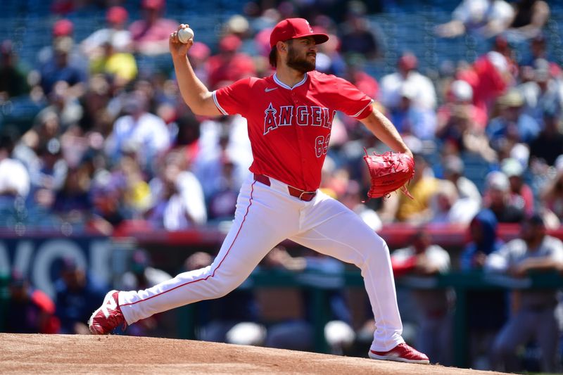 Apr 7, 2024; Anaheim, California, USA; Los Angeles Angels pitcher Chase Silseth (63) throws against the Boston Red Sox during the first inning at Angel Stadium. Mandatory Credit: Gary A. Vasquez-USA TODAY Sports