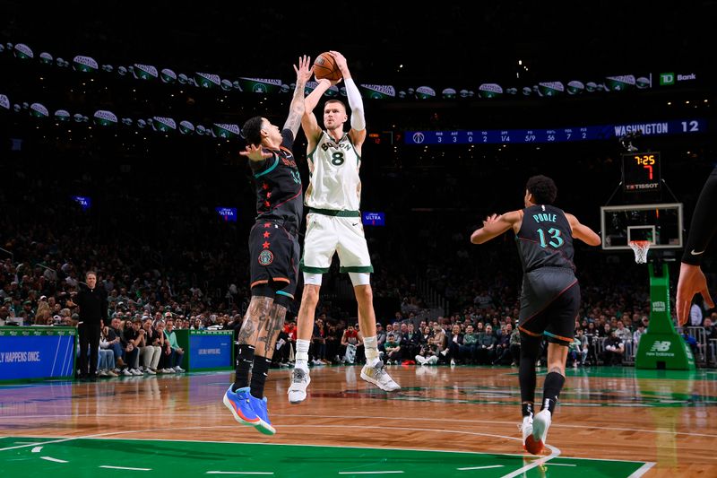 BOSTON, MA - FEBRUARY 9: Kristaps Porzingis #8 of the Boston Celtics shoots the ball during the game against the Washington Wizards on February 9, 2024 at the TD Garden in Boston, Massachusetts. NOTE TO USER: User expressly acknowledges and agrees that, by downloading and or using this photograph, User is consenting to the terms and conditions of the Getty Images License Agreement. Mandatory Copyright Notice: Copyright 2024 NBAE  (Photo by Brian Babineau/NBAE via Getty Images)