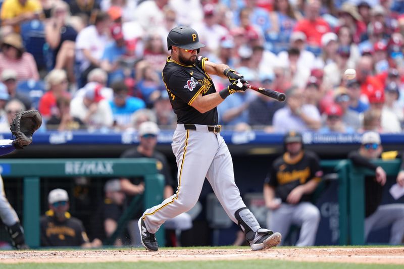 May 18, 2025; Philadelphia, Pennsylvania, USA; Pittsburgh Pirates infielder Isiah Kiner-Falefa (7) hits a single against the Philadelphia Phillies in the fifth inning at Citizens Bank Park. Mandatory Credit: Kyle Ross-Imagn Images