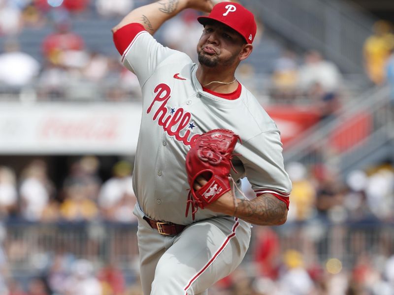 Jul 21, 2024; Pittsburgh, Pennsylvania, USA;  Philadelphia Phillies relief pitcher José Ruiz (66) pitches against the Pittsburgh Pirates during the ninth inning at PNC Park. The Phillies won 6-0.  Mandatory Credit: Charles LeClaire-USA TODAY Sports