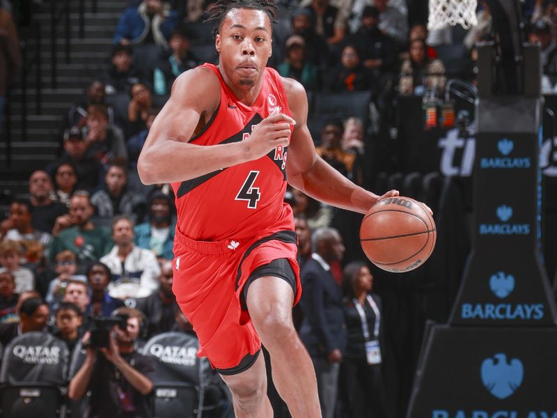 BROOKLYN, NY - OCTOBER 18: Scottie Barnes #4 of the Toronto Raptors dribbles the ball during the game on October 18, 2024 at Barclays Center in Brooklyn, New York. NOTE TO USER: User expressly acknowledges and agrees that, by downloading and or using this Photograph, user is consenting to the terms and conditions of the Getty Images License Agreement. Mandatory Copyright Notice: Copyright 2024 NBAE (Photo by Nathaniel S. Butler/NBAE via Getty Images)