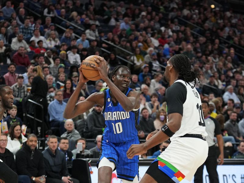 MINNEAPOLIS, MN -  FEBRUARY 3: Bol Bol #10 of the Orlando Magic looks to pass the ball during the game against the Minnesota Timberwolves on February 3, 2023 at Target Center in Minneapolis, Minnesota. NOTE TO USER: User expressly acknowledges and agrees that, by downloading and or using this Photograph, user is consenting to the terms and conditions of the Getty Images License Agreement. Mandatory Copyright Notice: Copyright 2022 NBAE (Photo by Jordan Johnson/NBAE via Getty Images)