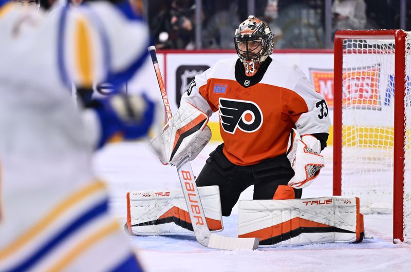 Nov 1, 2023; Philadelphia, Pennsylvania, USA; Philadelphia Flyers goalie Samuel Ersson (33) defends a shot against the Buffalo Sabres in the second period at Wells Fargo Center. Mandatory Credit: Kyle Ross-USA TODAY Sports