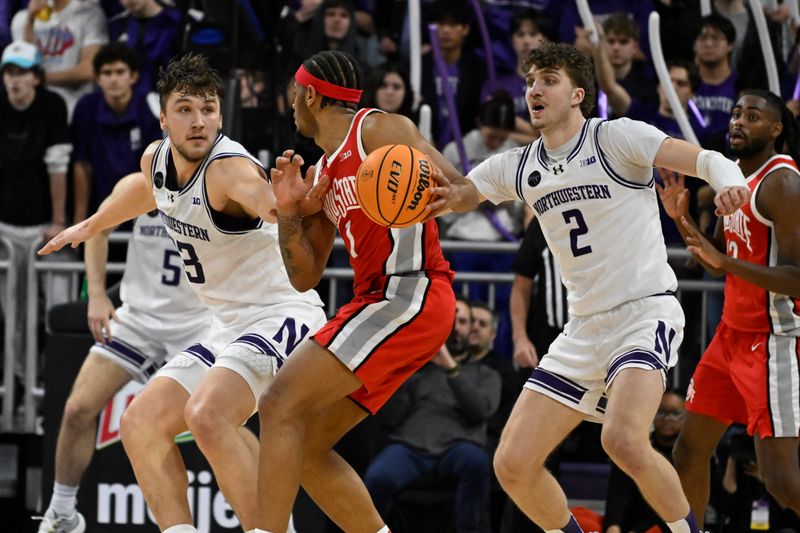 Jan 27, 2024; Evanston, Illinois, USA; Northwestern Wildcats forward Luke Hunger (33) and Northwestern Wildcats forward Nick Martinelli (2) defend against Ohio State Buckeyes guard Roddy Gayle Jr. (1) during the second half  at Welsh-Ryan Arena. Mandatory Credit: Matt Marton-USA TODAY Sports