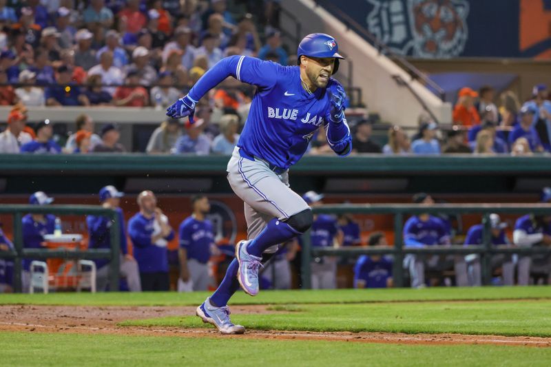 Mar 7, 2024; Lakeland, Florida, USA; Toronto Blue Jays right fielder George Springer (4) runs to first during the third inning against the Detroit Tigers at Publix Field at Joker Marchant Stadium. Mandatory Credit: Mike Watters-USA TODAY Sports