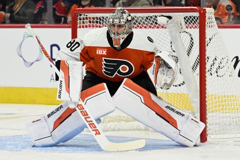 Oct 13, 2025; Philadelphia, Pennsylvania, USA; Philadelphia Flyers goaltender Dan Vladar (80) in goal against the Florida Panthers during the first period at Wells Fargo Center. Mandatory Credit: Eric Hartline-Imagn Images