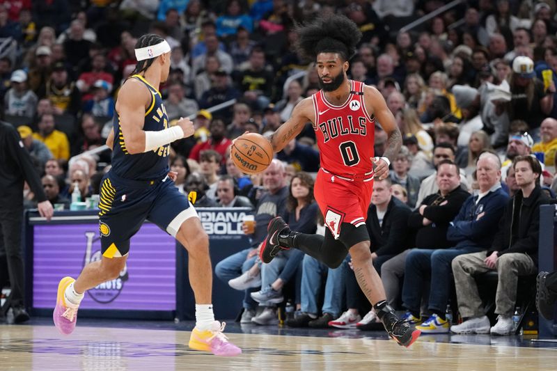 INDIANAPOLIS, INDIANA - MARCH 02: Coby White #0 of the Chicago Bulls dribbles the ball while being guarded by Andrew Nembhard #2 of the Indiana Pacers in the third quarter at Gainbridge Fieldhouse on March 02, 2025 in Indianapolis, Indiana. NOTE TO USER: User expressly acknowledges and agrees that, by downloading and or using this photograph, User is consenting to the terms and conditions of the Getty Images License Agreement. (Photo by Dylan Buell/Getty Images)