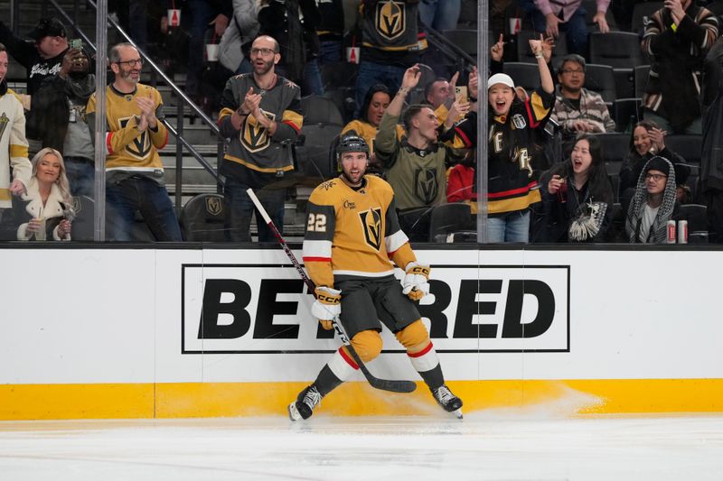 Dec 28, 2023; Las Vegas, Nevada, USA; Vegas Golden Knights right wing Michael Amadio (22) celebrates after scoring a goal against the Los Angeles Kings during the second period at T-Mobile Arena. Mandatory Credit: Lucas Peltier-USA TODAY Sports