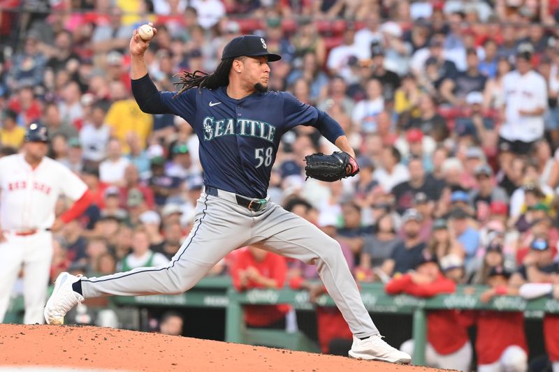 Jul 30, 2024; Boston, Massachusetts, USA; Seattle Mariners pitcher Luis Castillo (58) pitches against the Boston Red Sox during the second inning at Fenway Park. Mandatory Credit: Eric Canha-USA TODAY Sports