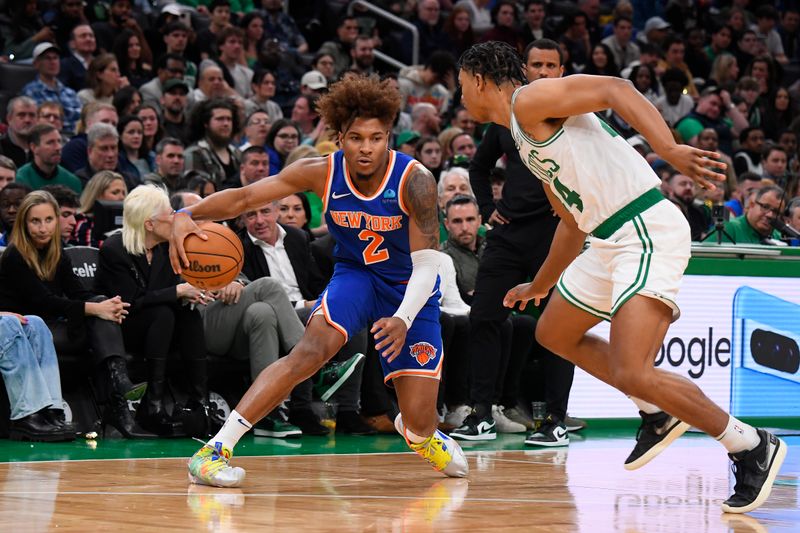 BOSTON, MA - APRIL 11: Miles McBride #2 of the New York Knicks dribbles the ball during the game against the Boston Celtics on April 11, 2024 at the TD Garden in Boston, Massachusetts. NOTE TO USER: User expressly acknowledges and agrees that, by downloading and or using this photograph, User is consenting to the terms and conditions of the Getty Images License Agreement. Mandatory Copyright Notice: Copyright 2024 NBAE  (Photo by Brian Babineau/NBAE via Getty Images)