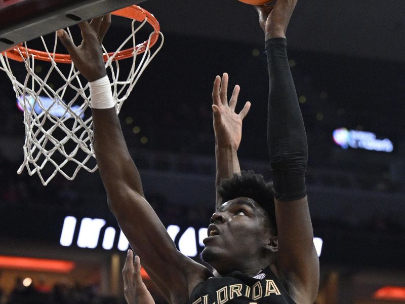 Feb 4, 2023; Louisville, Kentucky, USA;  Florida State Seminoles center Naheem McLeod (24) shoots against Louisville Cardinals forward Roosevelt Wheeler (4) during the first half at KFC Yum! Center. Mandatory Credit: Jamie Rhodes-USA TODAY Sports