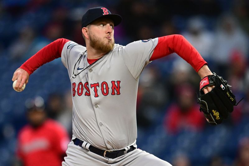 Apr 24, 2024; Cleveland, Ohio, USA; Boston Red Sox relief pitcher Zack Kelly (76) throws a pitch during the eighth inning against the Cleveland Guardians at Progressive Field. Mandatory Credit: Ken Blaze-USA TODAY Sports