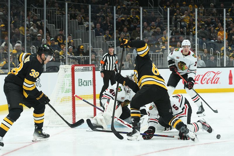 Oct 9, 2025; Boston, Massachusetts, USA; Boston Bruins right wing David Pastrnak (88) and Chicago Blackhawks defenseman Connor Murphy (5) battle for the puck during the third period at TD Garden. Mandatory Credit: Bob DeChiara-Imagn Images