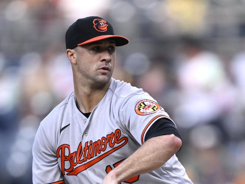 Aug 15, 2023; San Diego, California, USA; Baltimore Orioles starting pitcher Jack Flaherty (15) throws a pitch against the San Diego Padres during the first inning at Petco Park. Mandatory Credit: Orlando Ramirez-USA TODAY Sports