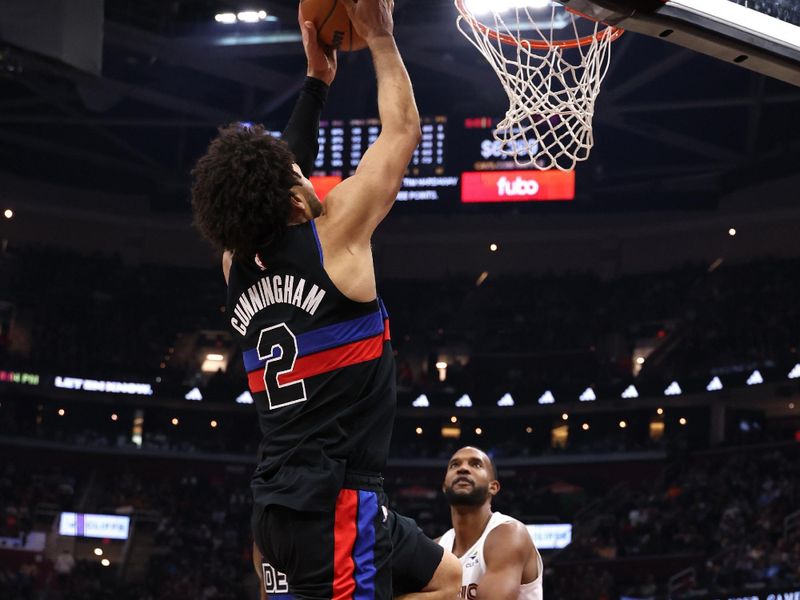 CLEVELAND, OH - JANUARY 27: Cade Cunningham #2 of the Detroit Pistons dunks the ball during the game against the Cleveland Cavaliers on January 27, 2025 at Rocket Mortgage FieldHouse in Cleveland, Ohio. NOTE TO USER: User expressly acknowledges and agrees that, by downloading and/or using this Photograph, user is consenting to the terms and conditions of the Getty Images License Agreement. Mandatory Copyright Notice: Copyright 2025 NBAE (Photo by  Lauren Leigh Bacho/NBAE via Getty Images)