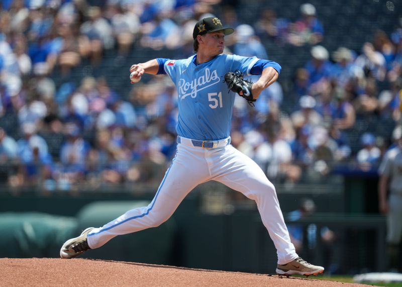 May 19, 2024; Kansas City, Missouri, USA; Kansas City Royals starting pitcher Brady Singer (51) pitches during the first inning against the Oakland Athletics at Kauffman Stadium. Mandatory Credit: Jay Biggerstaff-USA TODAY Sports