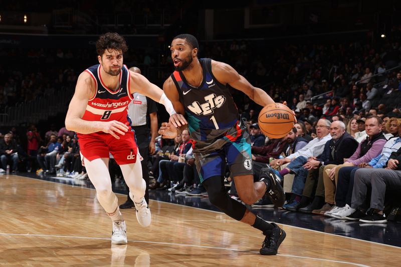 WASHINGTON, DC -? MARCH 27:  Mikal Bridges #1 of the Brooklyn Nets dribbles the ball during the game against the Washington Wizards on March 27, 2024 at Capital One Arena in Washington, DC. NOTE TO USER: User expressly acknowledges and agrees that, by downloading and or using this Photograph, user is consenting to the terms and conditions of the Getty Images License Agreement. Mandatory Copyright Notice: Copyright 2024 NBAE (Photo by Stephen Gosling/NBAE via Getty Images)