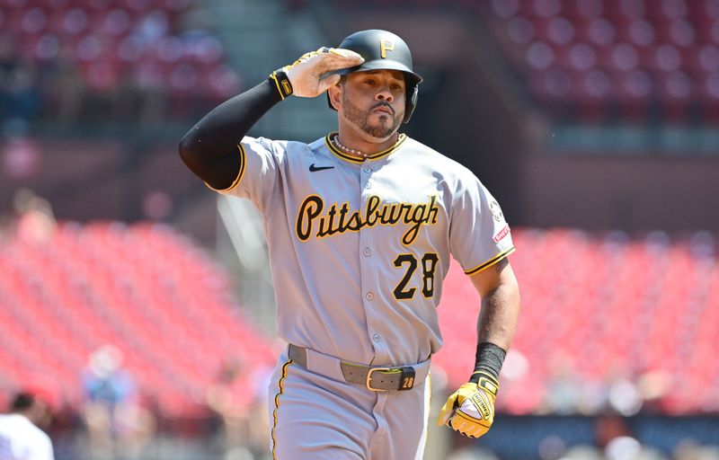 Aug 28, 2025; St. Louis, Missouri, USA;  Pittsburgh Pirates left fielder Tommy Pham (28) salutes teammates in the dugout after hitting a solo home run against the St. Louis Cardinals during the first inning at Busch Stadium. Mandatory Credit: Tim Vizer-Imagn Images