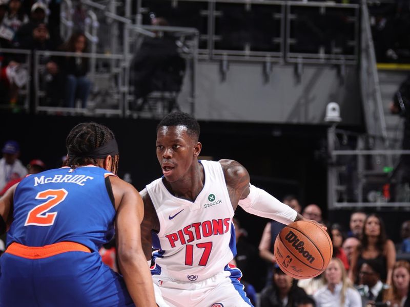 DETROIT, MI - APRIL 27: Dennis Schroder #17 of the Detroit Pistons dribbles the ball during the game against the New York Knicks during Round 1 Game 4 of the 2025 NBA Playoffs on April 27, 2025 at Little Caesars Arena in Detroit, Michigan. NOTE TO USER: User expressly acknowledges and agrees that, by downloading and/or using this photograph, User is consenting to the terms and conditions of the Getty Images License Agreement. Mandatory Copyright Notice: Copyright 2025 NBAE (Photo by Nathaniel S. Butler/NBAE via Getty Images)