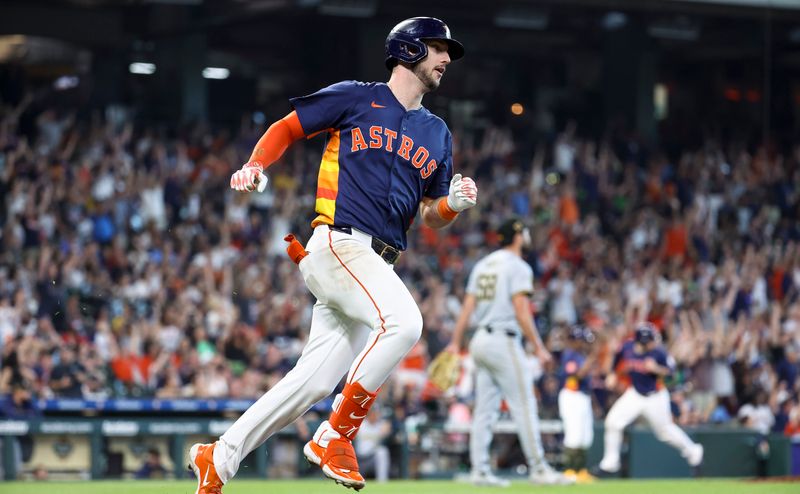 May 19, 2024; Houston, Texas, USA; Houston Astros right fielder Kyle Tucker (30) runs to first base after hitting a home run during the seventh inning against the Milwaukee Brewers at Minute Maid Park. Mandatory Credit: Troy Taormina-USA TODAY Sports