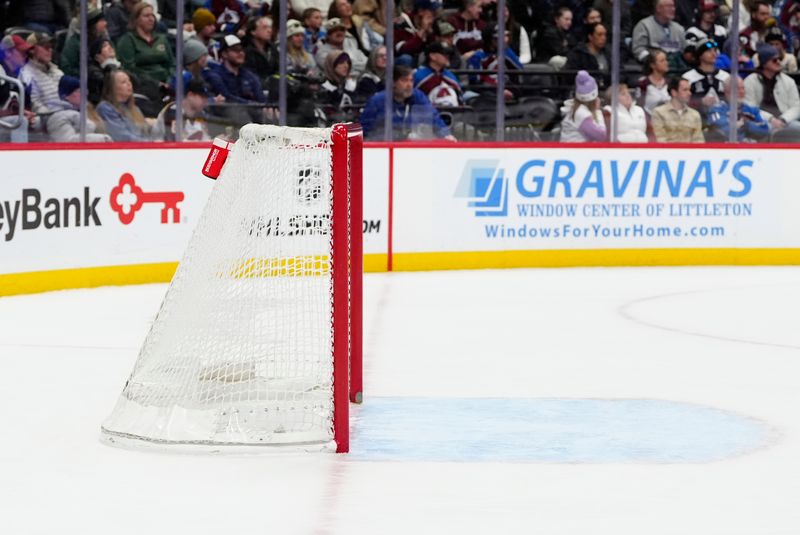 Jan 20, 2025; Denver, Colorado, USA; General view of the empty net of the Colorado Avalanche during  the third period against the Minnesota Wild at Ball Arena. Mandatory Credit: Ron Chenoy-Imagn Images