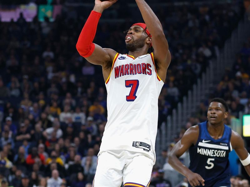 SAN FRANCISCO, CALIFORNIA - DECEMBER 08: Buddy Hield #7 of the Golden State Warriors shoots the ball in the first quarter against the Minnesota Timberwolves at Chase Center on December 08, 2024 in San Francisco, California. NOTE TO USER: User expressly acknowledges and agrees that, by downloading and or using this photograph, User is consenting to the terms and conditions of the Getty Images License Agreement. (Photo by Lachlan Cunningham/Getty Images)