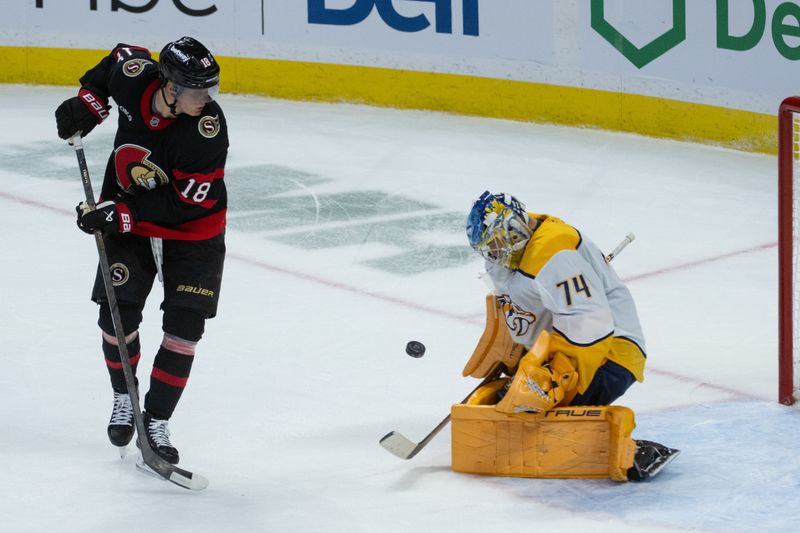 Oct 13, 2025; Ottawa, Ontario, CAN; Nashville Predators goalie Juuse Saros (74) makes a save on a shot from Ottawa Senators center Tim Stutzle (18) in the third period at the Canadian Tire Centre. Mandatory Credit: Marc DesRosiers-IMAGN Images