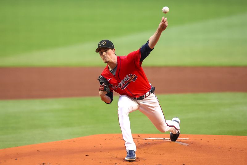 May 17, 2024; Atlanta, Georgia, USA; Atlanta Braves starting pitcher Max Fried (54) throws against the San Diego Padres in the first inning at Truist Park. Mandatory Credit: Brett Davis-USA TODAY Sports