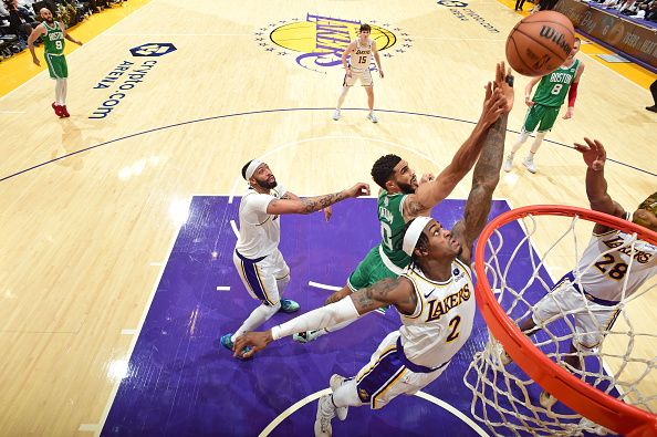 LOS ANGELES, CA - DECEMBER 25: Jarred Vanderbilt #2 of the Los Angeles Lakers drives to the basket during the game against the Boston Celtics on December 25, 2023 at Crypto.Com Arena in Los Angeles, California. NOTE TO USER: User expressly acknowledges and agrees that, by downloading and/or using this Photograph, user is consenting to the terms and conditions of the Getty Images License Agreement. Mandatory Copyright Notice: Copyright 2023 NBAE (Photo by Andrew D. Bernstein/NBAE via Getty Images)