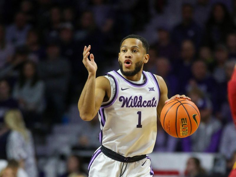 Feb 18, 2023; Manhattan, Kansas, USA; Kansas State Wildcats guard Markquis Nowell (1) brings the ball up court during the first half against the Iowa State Cyclones at Bramlage Coliseum. Mandatory Credit: Scott Sewell-USA TODAY Sports