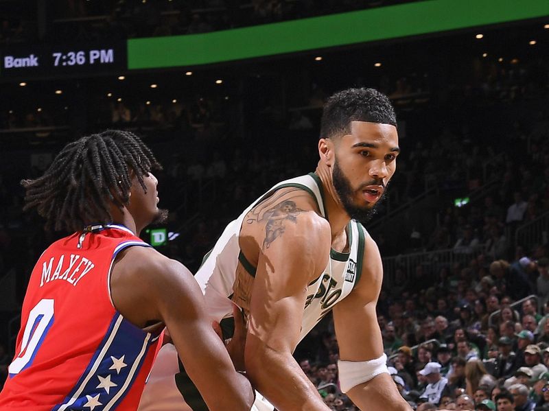 BOSTON, MA - FEBRUARY 27: Jayson Tatum #0 of the Boston Celtics handles the ball during the game against the Philadelphia 76ers  on February 27, 2024 at the TD Garden in Boston, Massachusetts. NOTE TO USER: User expressly acknowledges and agrees that, by downloading and or using this photograph, User is consenting to the terms and conditions of the Getty Images License Agreement. Mandatory Copyright Notice: Copyright 2024 NBAE  (Photo by Brian Babineau/NBAE via Getty Images)