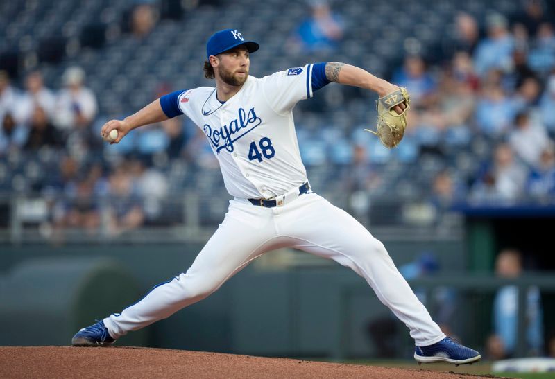 Apr 24, 2024; Kansas City, Missouri, USA; Kansas City Royals pitcher Alec Marsh (48) pitches during the first inning against the Toronto Blue Jays at Kauffman Stadium. Mandatory Credit: Jay Biggerstaff-USA TODAY Sports