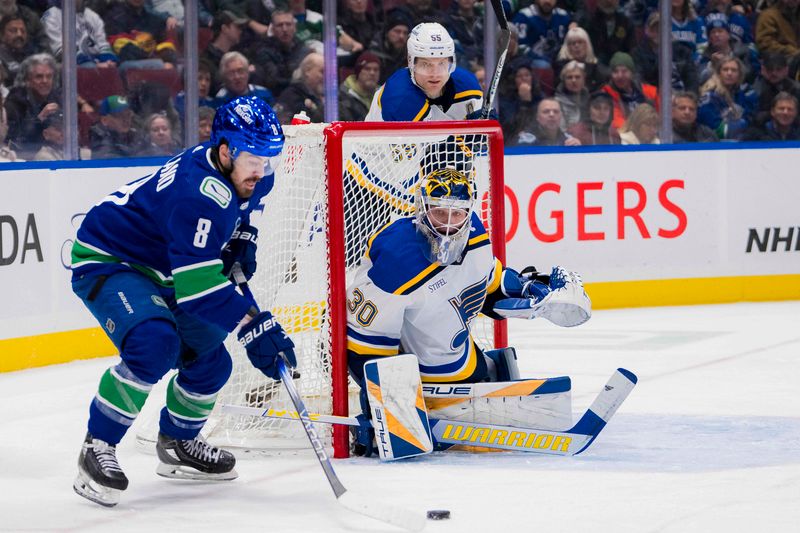 Jan 24, 2024; Vancouver, British Columbia, CAN; St. Louis Blues goalie Joel Hofer (30) watches Vancouver Canucks forward Conor Garland (8) handle the puck in the third period at Rogers Arena. Blues 4-3 in overtime. Mandatory Credit: Bob Frid-USA TODAY Sports