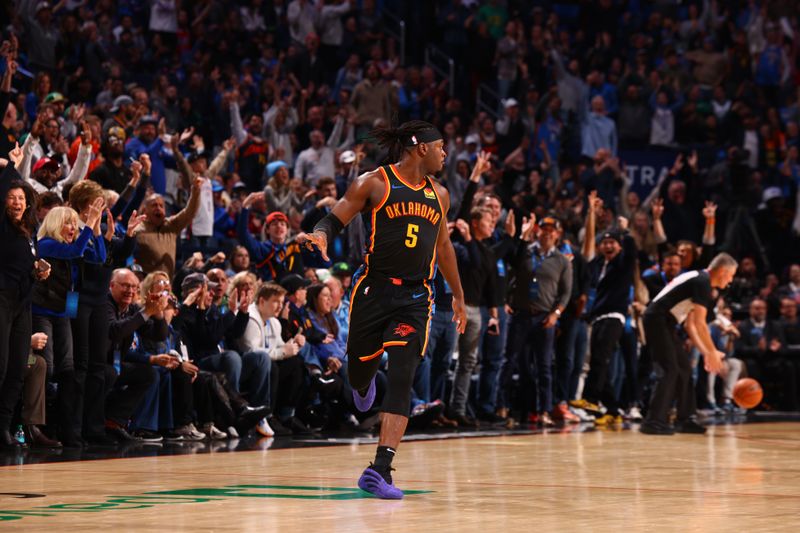 OKLAHOMA CITY, OK - JANUARY 5: Luguentz Dort #5 of the Oklahoma City Thunder celebrates during the game against the Boston Celtics on January 5, 2025 at Paycom Center in Oklahoma City, Oklahoma. NOTE TO USER: User expressly acknowledges and agrees that, by downloading and or using this photograph, User is consenting to the terms and conditions of the Getty Images License Agreement. Mandatory Copyright Notice: Copyright 2025 NBAE (Photo by Zach Beeker/NBAE via Getty Images)