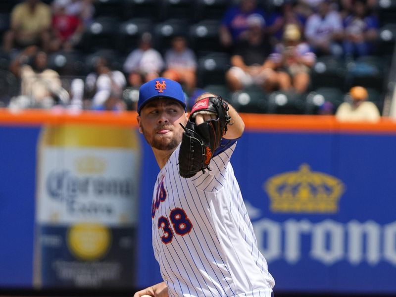 Aug 16, 2023; New York City, New York, USA; New York Mets pitcher Tylor Megill (38) delivers a pitch against the Pittsburgh Pirates during the first inning at Citi Field. Mandatory Credit: Gregory Fisher-USA TODAY Sports